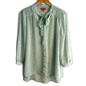 Elle‎ Metallic Sheer Tie Neck Button Up Blouse Size Medium
